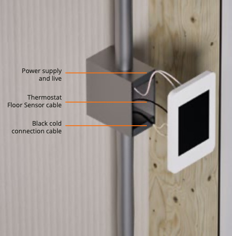 Electrical rough-in conduit detail with thermostat floor sensor and power connections