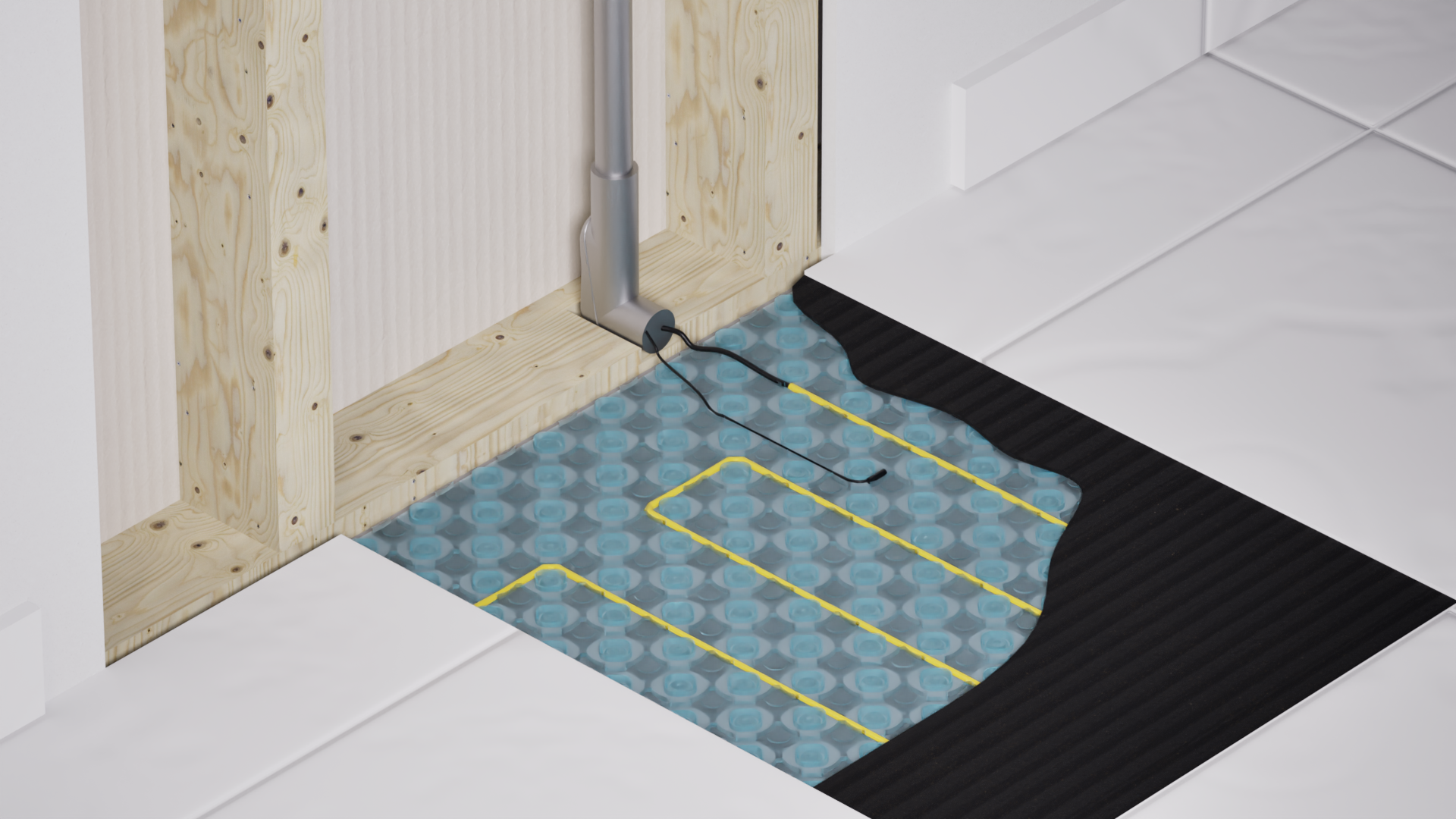 Electrical rough-in floor-to-wall view showing conduit and thermostat cable layout